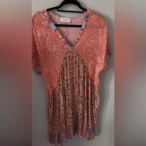 Coral Mixed-Print V-Neck Midi Dress by Sugarfox